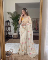 Yellow & White Rangoli Silk Saree with Floral Embroidery & Mirror Work | RD TARA