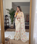 Yellow & White Rangoli Silk Saree with Floral Embroidery & Mirror Work | RD TARA