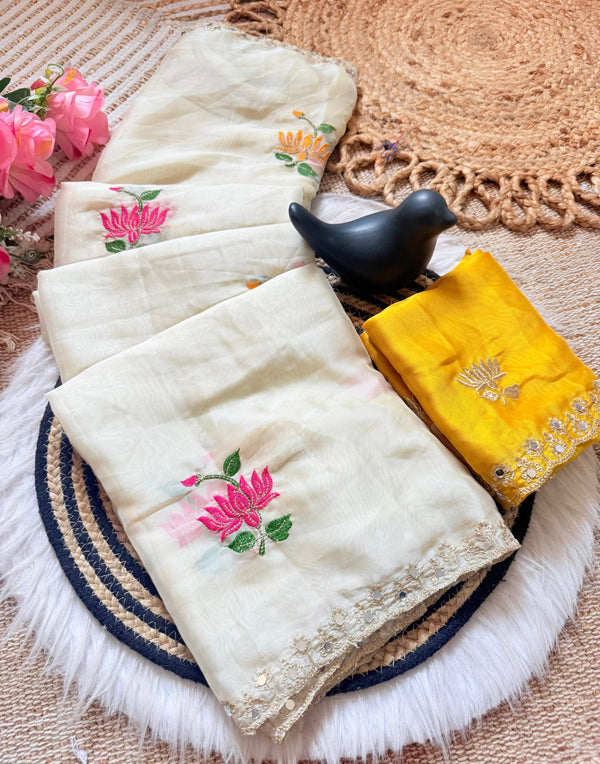 Yellow & White Rangoli Silk Saree with Floral Embroidery & Mirror Work | RD TARA